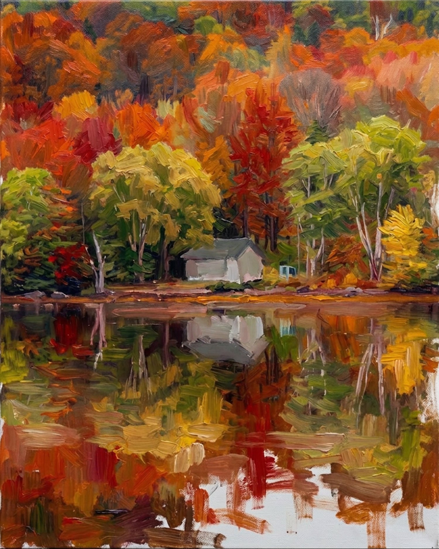 Cabin, Autumn Lake — oil on canvas