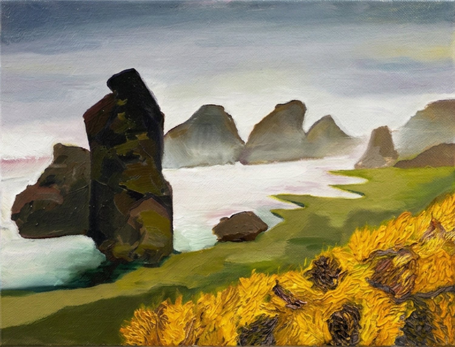 Sea Stacks & Gorse — oil on canvas
