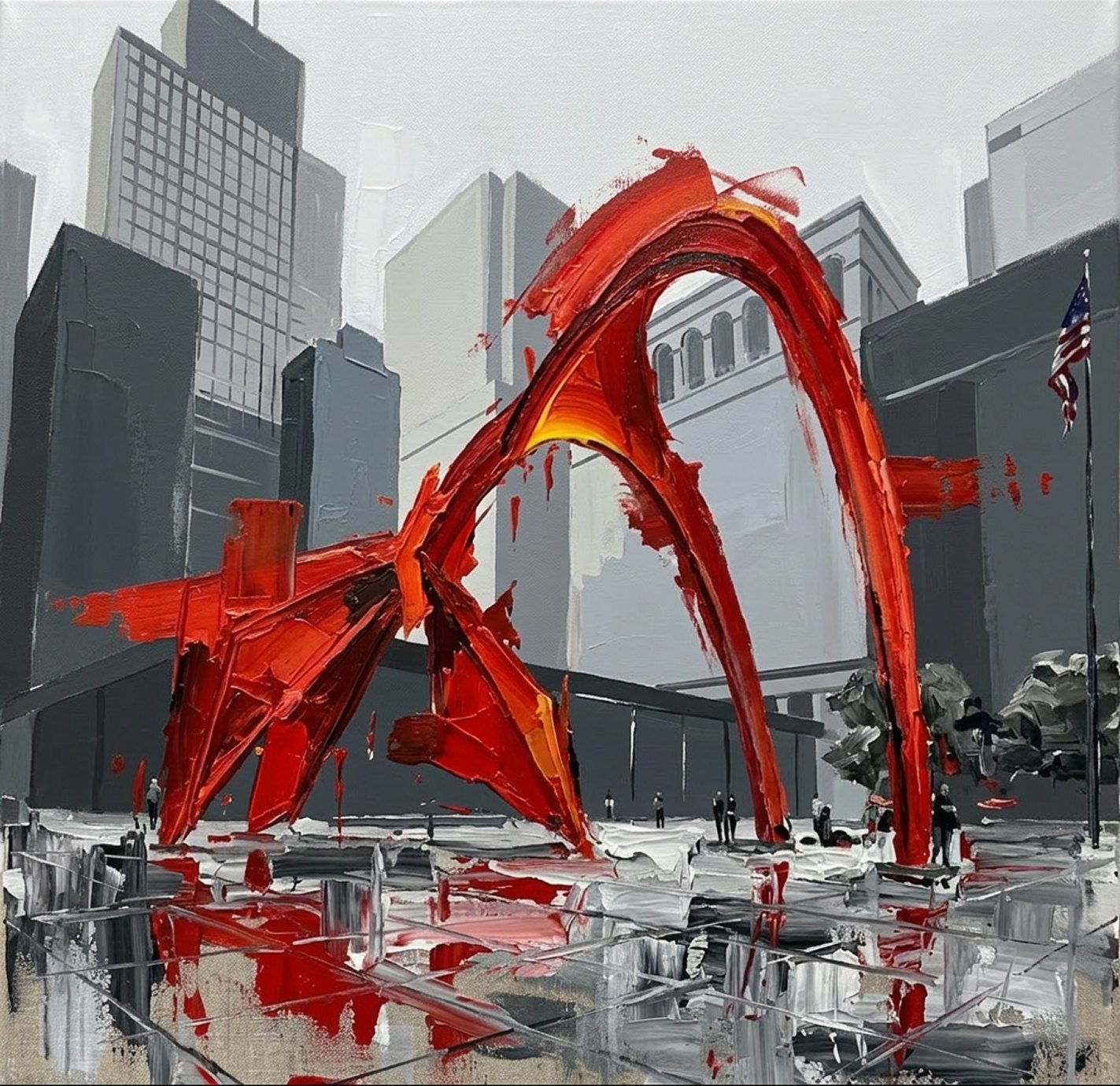 Red Arc, Grey City — oil on canvas