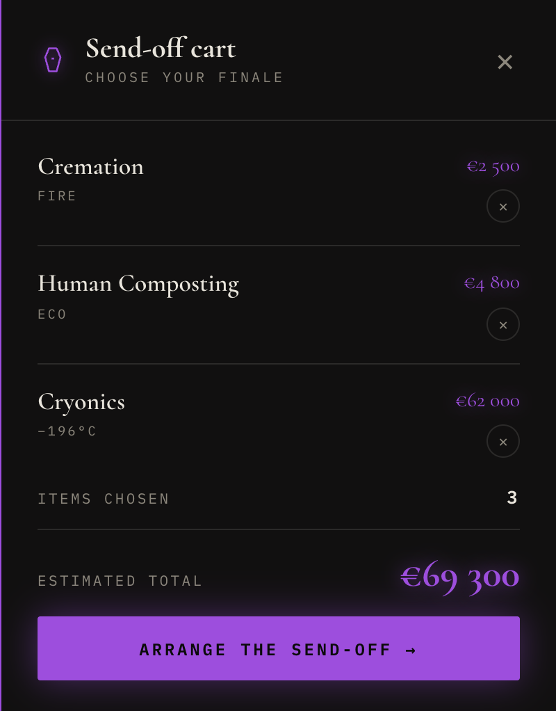 Send-off cart drawer: Cremation €2 500, Human Composting €4 800, Cryonics €62 000; 3 items; estimated total €69 300; button Arrange the send-off
