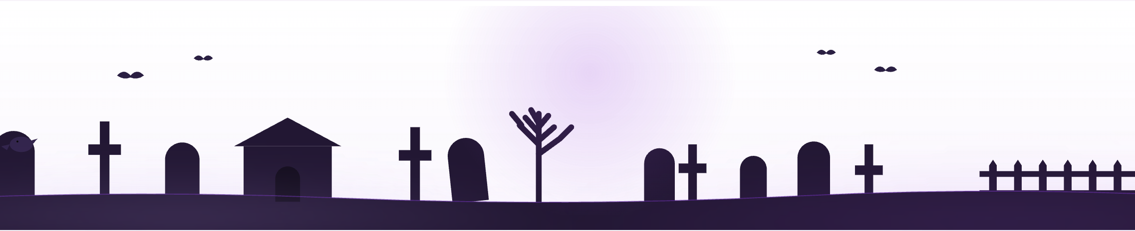 Cemetery horizon: a full-bleed SVG skyline of gravestones, a bare tree, a chapel and an iron fence under a violet moon, with fog drifting across the ground