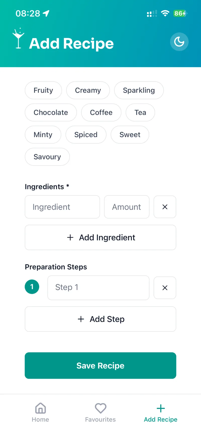 Add Recipe form: ingredients with amounts, preparation steps and Save Recipe