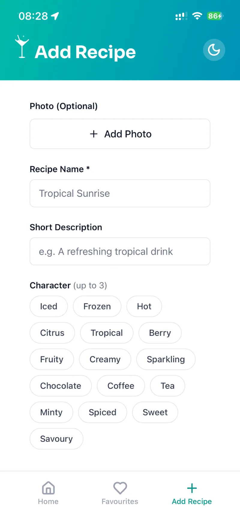 Add Recipe form: optional photo, name, description and up to three character tags