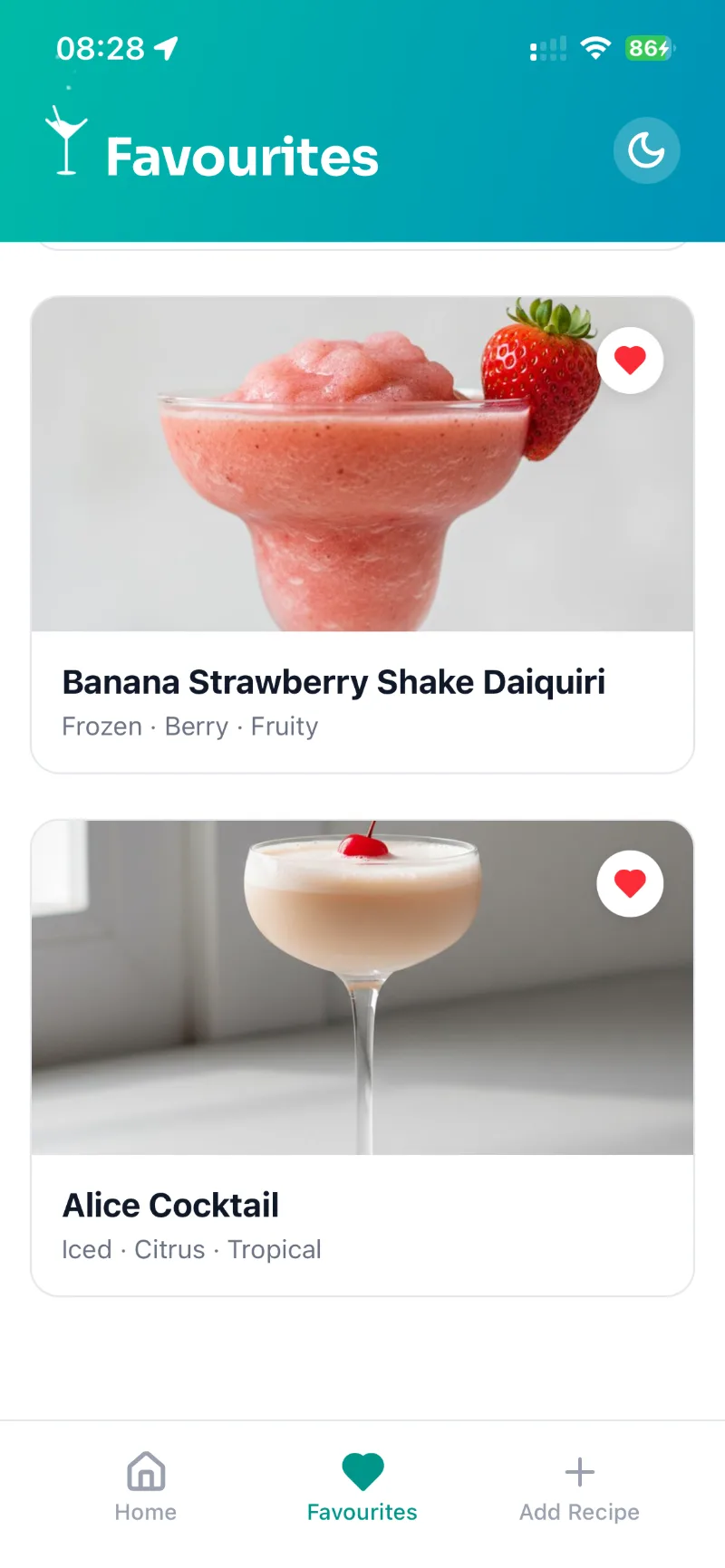 Favourites tab with two saved drinks