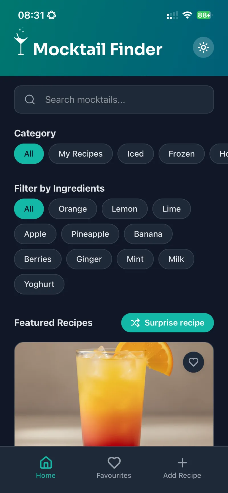 Home screen, dark theme