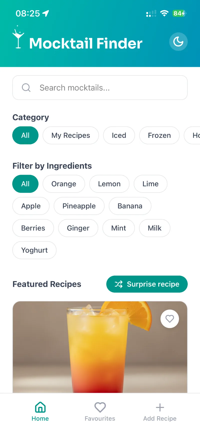 Home screen, light theme: search, category chips, ingredient filters and a featured drink