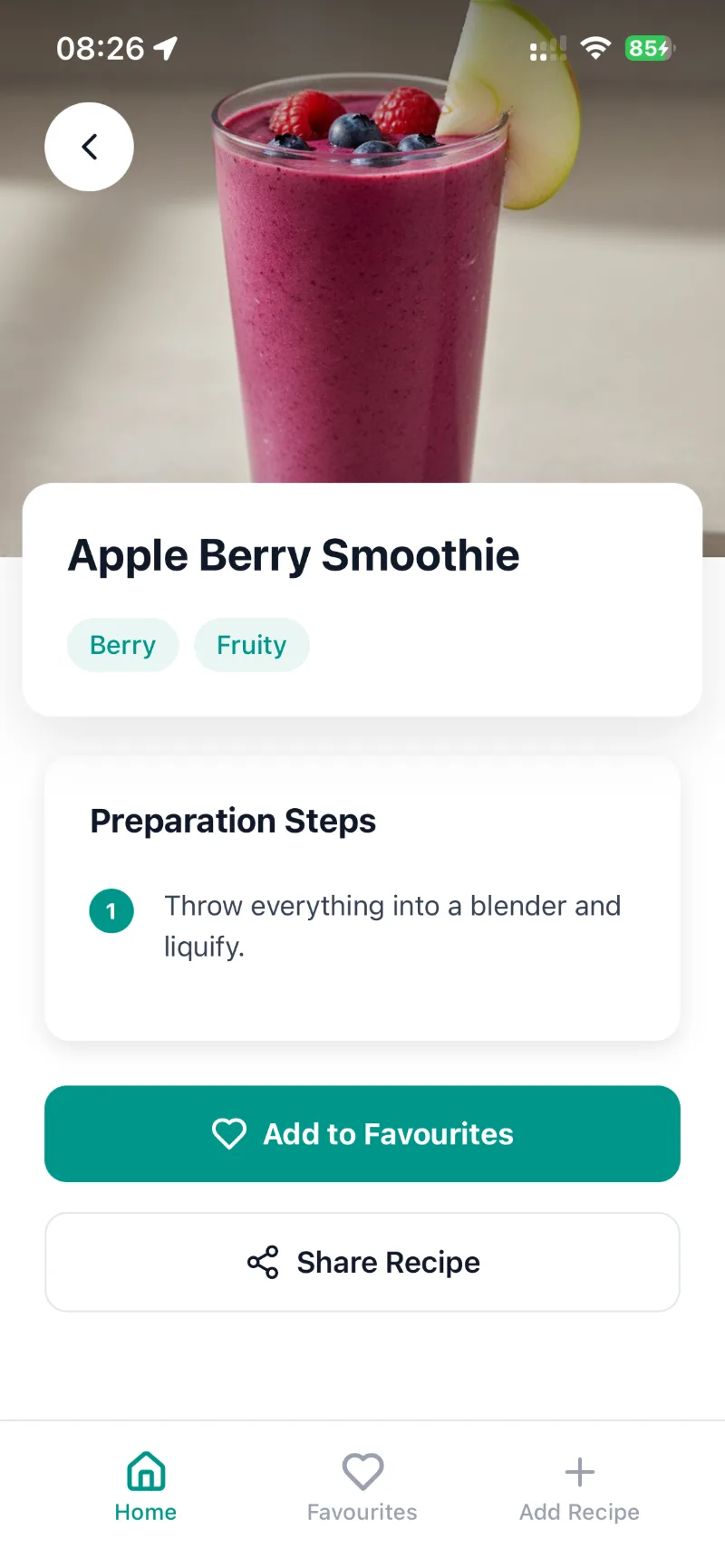 Recipe screen with Add to Favourites and Share Recipe buttons