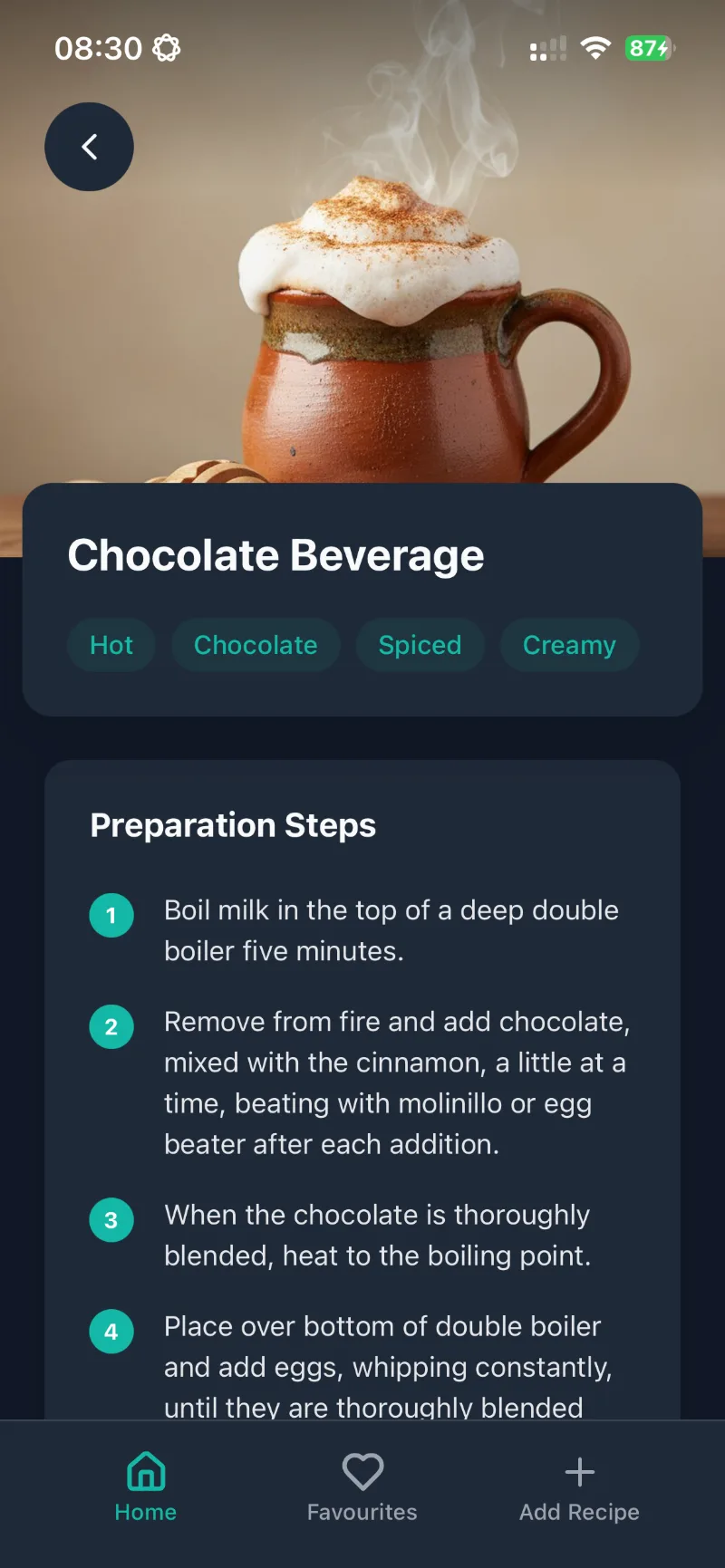 Chocolate Beverage recipe in the dark theme with Hot, Chocolate, Spiced and Creamy tags