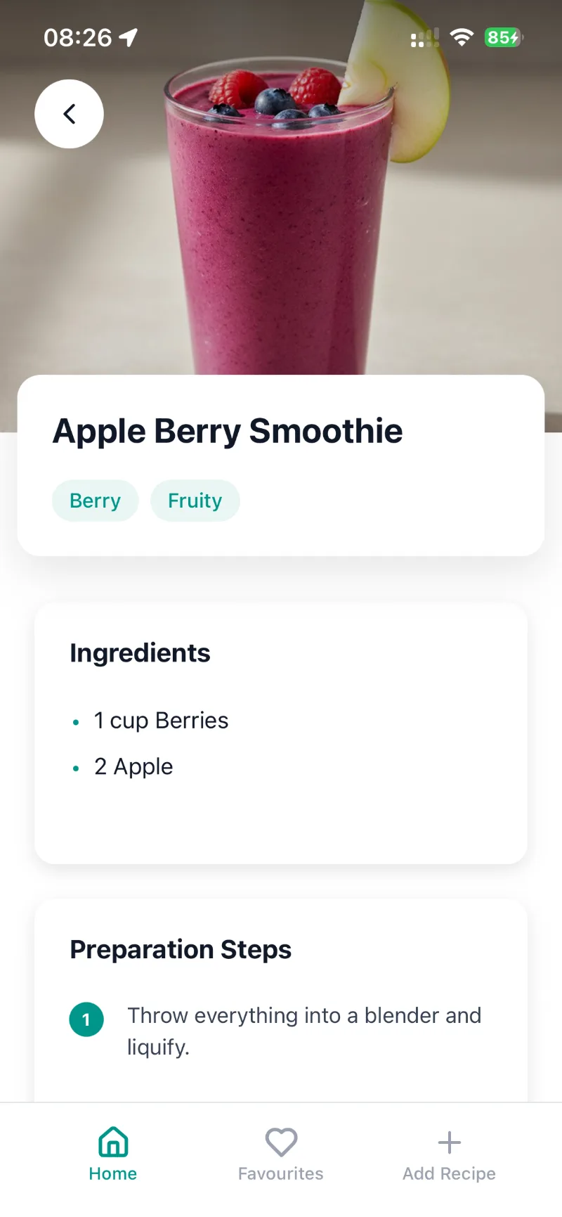 Apple Berry Smoothie recipe: Berry and Fruity tags, ingredients and a preparation step
