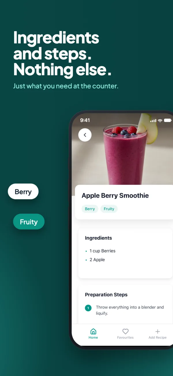 App Store screenshot 2: Ingredients and steps. Nothing else.