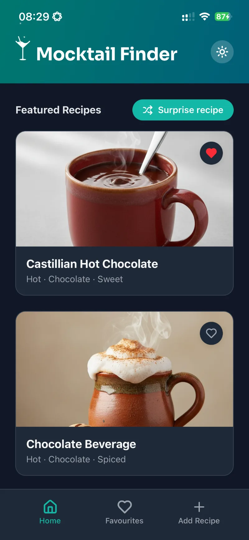 Featured hot chocolates in the dark theme, one saved as a favourite