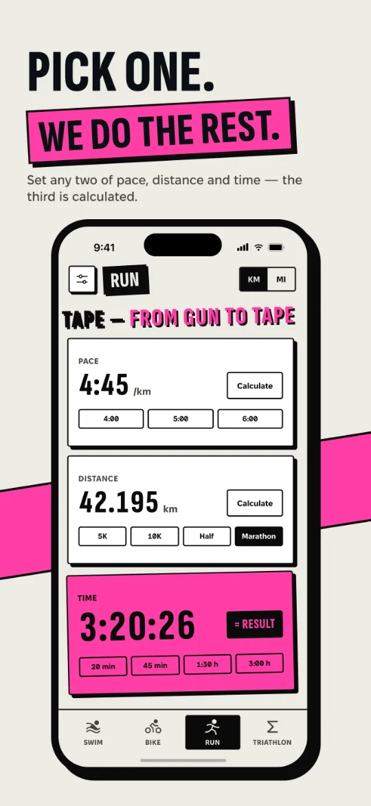 Pace Tape run screen: pace, distance and the pink result card