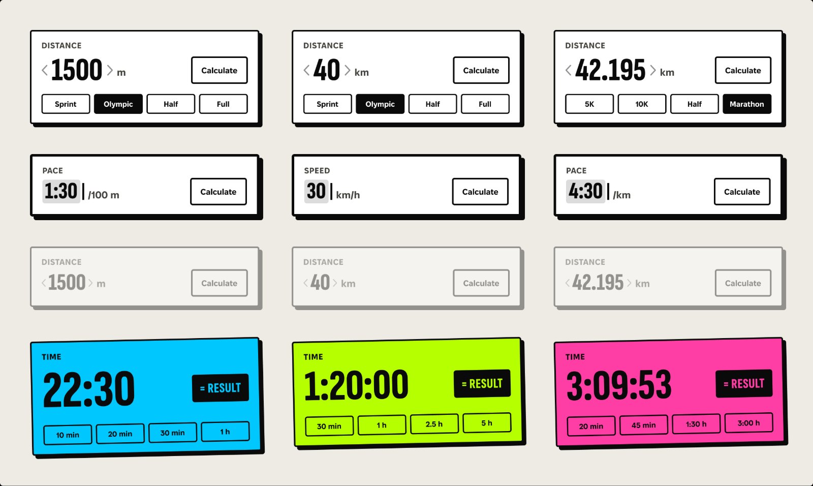 Figma value card component states: with chevrons, replace state, dimmed, result in three sport colours