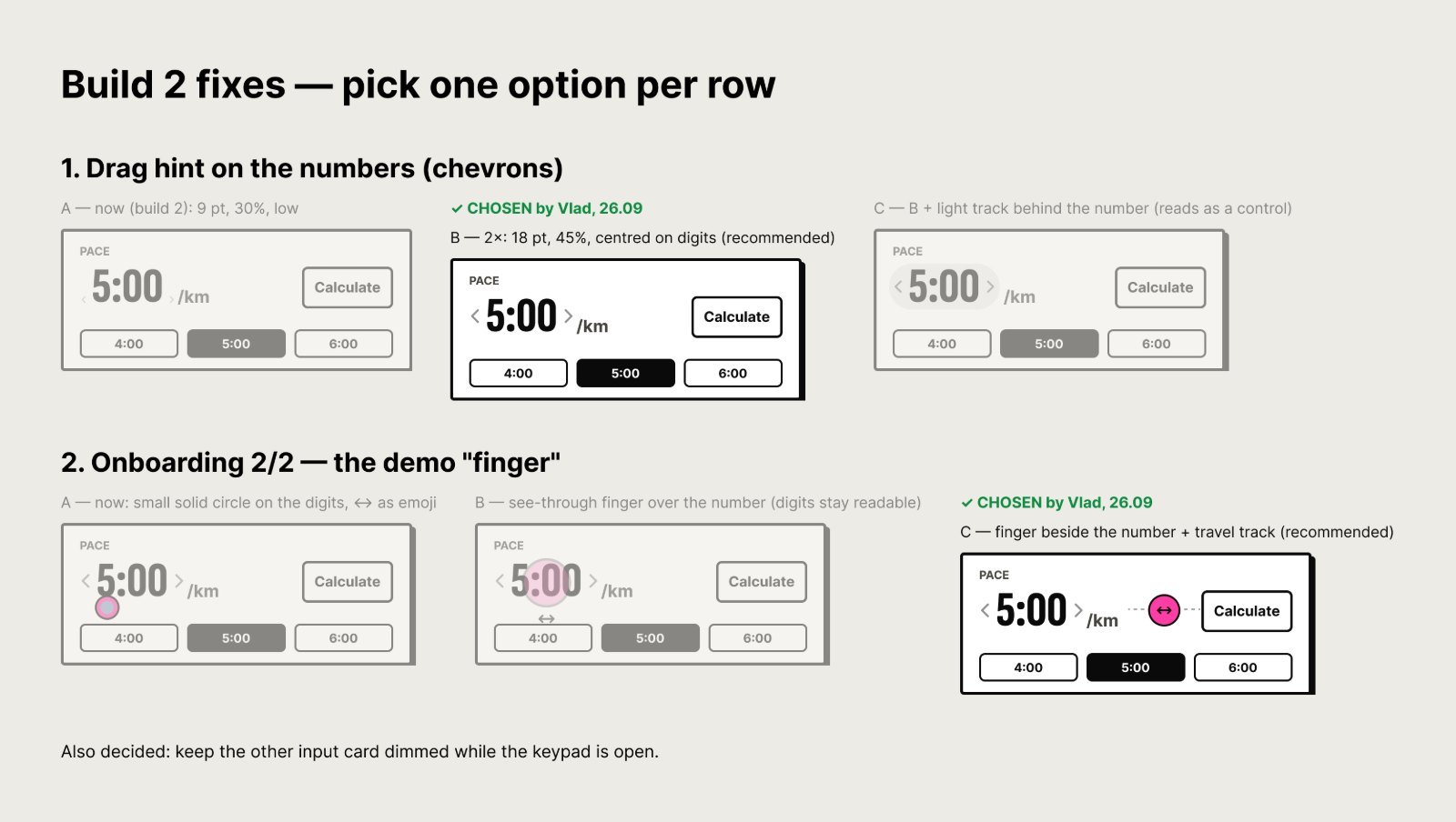 Figma board: build 2 fixes — three chevron options and three onboarding finger options, B and C marked chosen