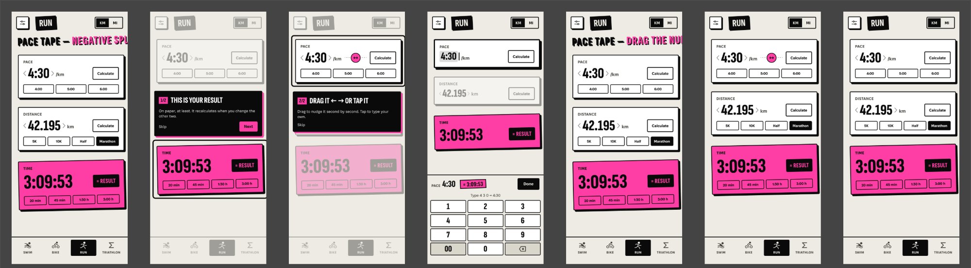 Seven final run screens in Figma: ticker, onboarding 1/2 and 2/2, keypad, ticker again, idle nudge, rest state